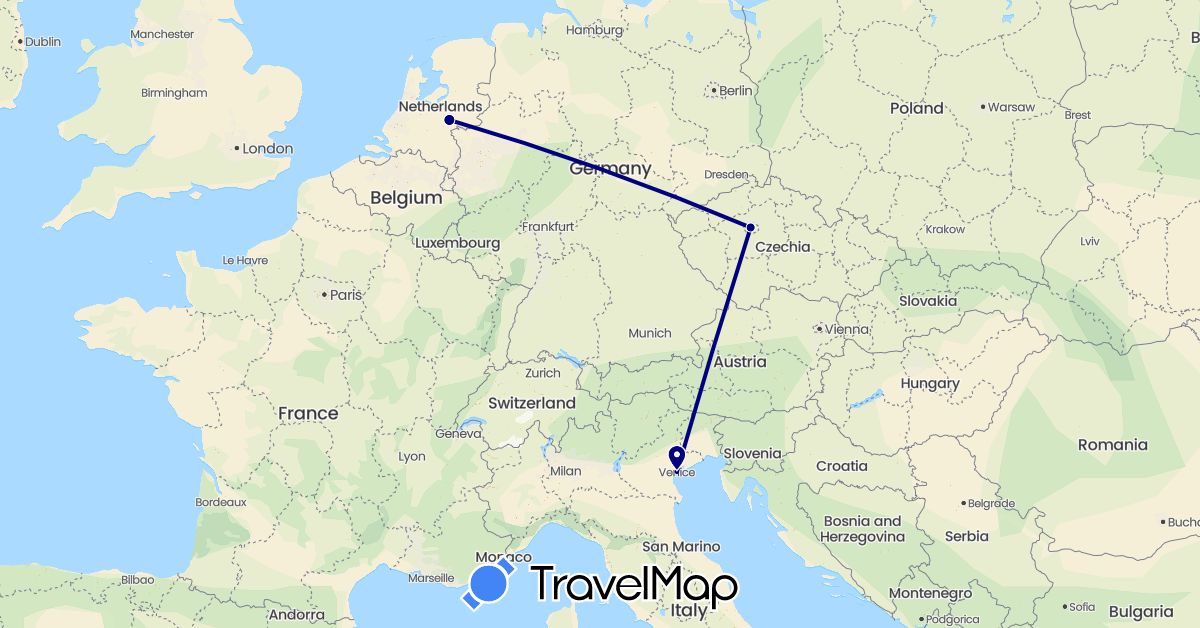 TravelMap itinerary: driving in Czech Republic, Italy, Netherlands (Europe)